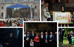 Znaczek, dąb papieski, Krzesimir Dębski i tłum przed pałacem. Krowiarki świętują 800-lecie